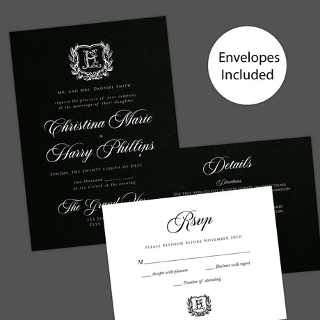 Elegant wedding invitation with black background, vintage-style white shield monogram surrounded by a laurel wreath, white calligraphy and serif fonts, ideal for formal or gothic weddings. Invite, RSVP, and Details