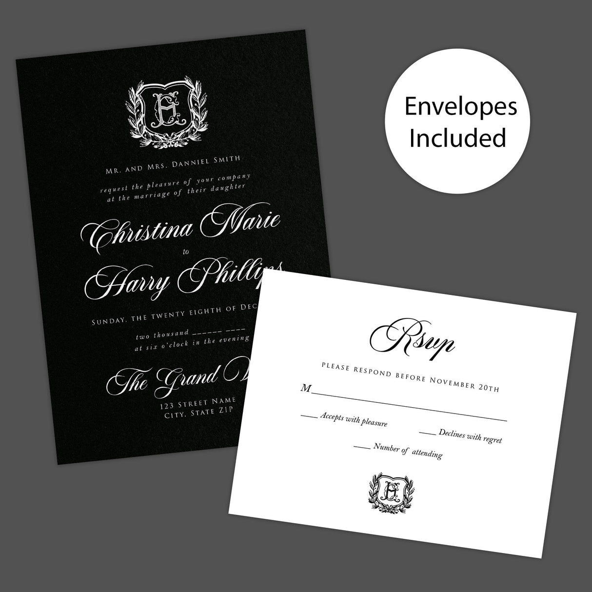 Elegant wedding invitation with black background, vintage-style white shield monogram surrounded by a laurel wreath, white calligraphy and serif fonts, ideal for formal or gothic weddings. Invite and RSVP
