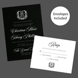 Elegant wedding invitation with black background, vintage-style white shield monogram surrounded by a laurel wreath, white calligraphy and serif fonts, ideal for formal or gothic weddings. Invite and RSVP