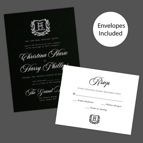 Elegant wedding invitation with black background, vintage-style white shield monogram surrounded by a laurel wreath, white calligraphy and serif fonts, ideal for formal or gothic weddings. Invite and RSVP