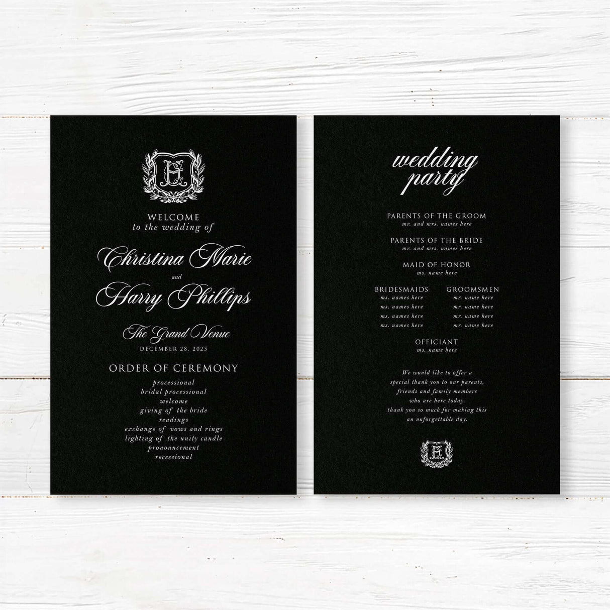 Wedding ceremony program with a black background, white laurel wreath monogram crest, white serif and calligraphy script fonts, matching a formal vintage wedding suite.