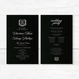 Wedding ceremony program with a black background, white laurel wreath monogram crest, white serif and calligraphy script fonts, matching a formal vintage wedding suite.