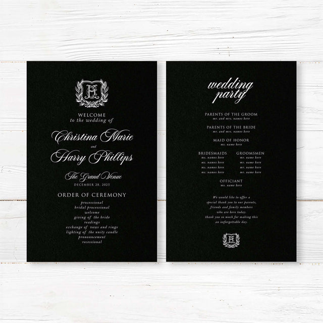 Wedding ceremony program with a black background, white laurel wreath monogram crest, white serif and calligraphy script fonts, matching a formal vintage wedding suite.