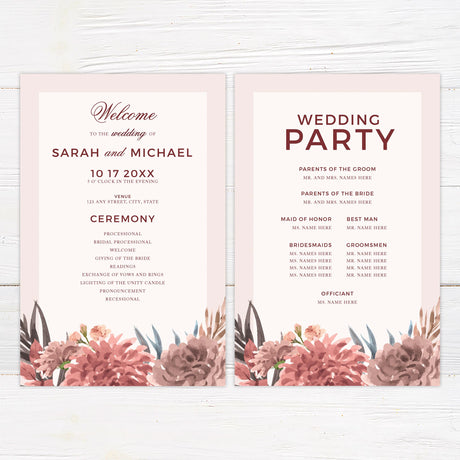 A program with a soft neutral background features a beautiful watercolor floral arrangement in warm earthy tones of blush, burgundy, and green. The text is elegantly arranged in a mix of serif and script fonts within a centered cream-colored rectangle.  This design exudes rustic elegance, perfect for boho, autumn, or garden-inspired event.