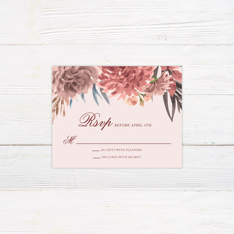 A rsvp card with a soft neutral background features a beautiful watercolor floral arrangement in warm earthy tones of blush, burgundy, and green. The text is elegantly arranged in a mix of serif and script fonts within a centered cream-colored rectangle. Event details, including the date, time, and venue, are displayed in a structured and refined layout. This design exudes rustic elegance, perfect for boho, autumn, or garden-inspired wedding celebrations.