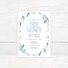 Elegant baby shower invitation featuring a soft watercolor design with flowing blue ribbons. The text is arranged in a stylish, modern font, inviting guests to celebrate the mom-to-be. Includes event details such as date, time, location, RSVP information, and gift registry. A beautiful choice for a classic and sophisticated baby shower theme.