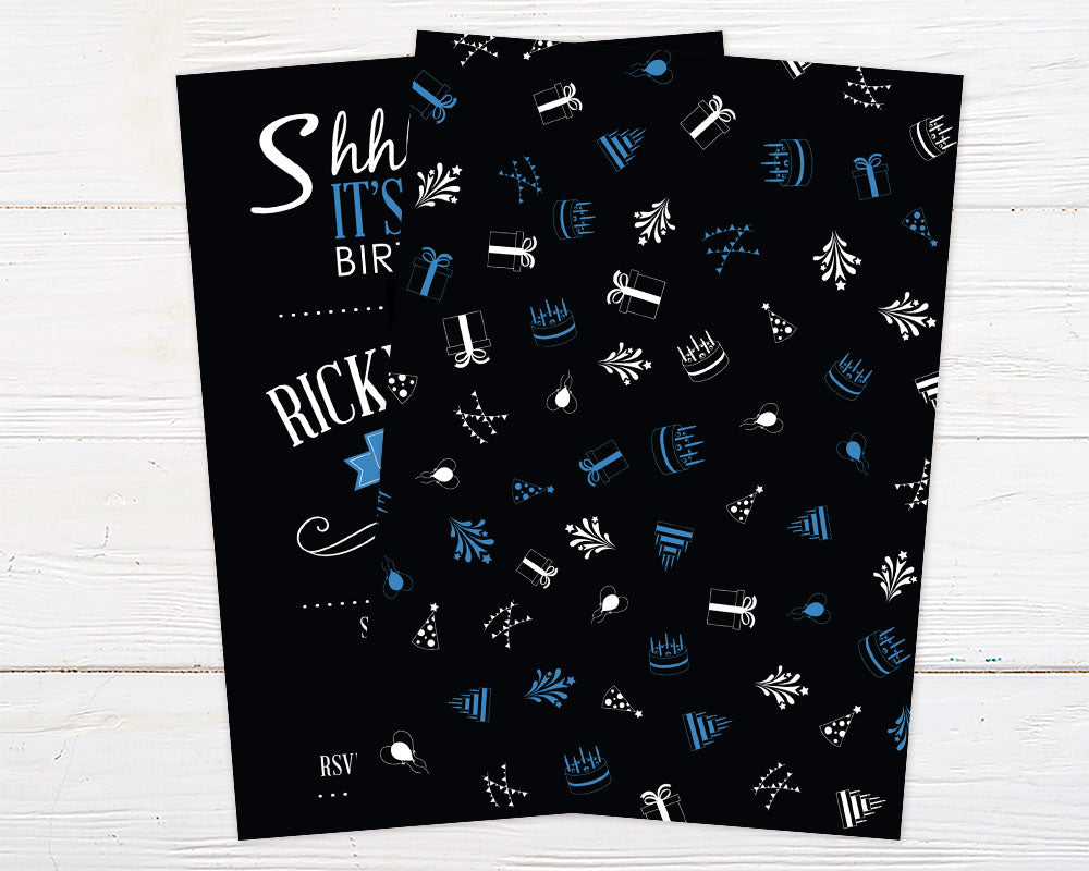 Blue Birthday Invitation with black background, blue and white typography, and surprise party theme elements like cakes and gifts.