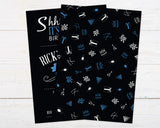 Blue Birthday Invitation with black background, blue and white typography, and surprise party theme elements like cakes and gifts.