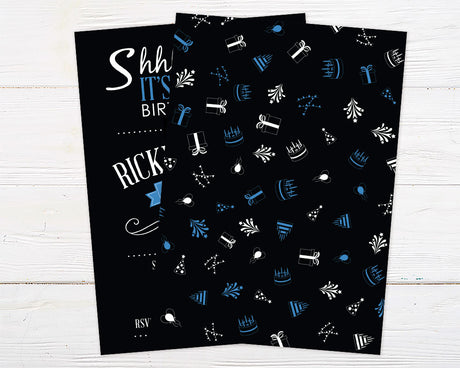 Blue Birthday Invitation with black background, blue and white typography, and surprise party theme elements like cakes and gifts.