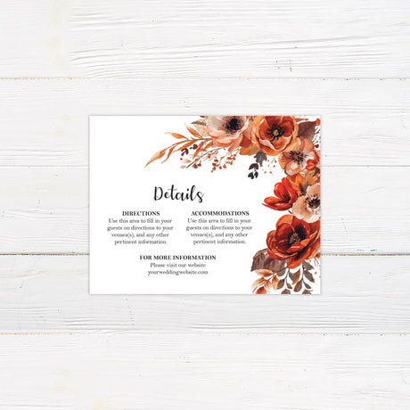 A wedding details card with a background featuring stunning watercolor floral arrangement in warm autumn tones of red, orange, and brown. The text is elegantly arranged in a mix of script and serif fonts, creating a sophisticated yet modern feel. Event details, including the date, time, and venue, are clearly displayed in a balanced layout. This design exudes warmth and romance, perfect for a fall, rustic, or boho-themed wedding celebration. 