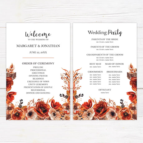 A program with a background featuring stunning watercolor floral arrangement in warm autumn tones of red, orange, and brown. The text is elegantly arranged in a mix of script and serif fonts, creating a sophisticated yet modern feel. Event details, including the date, time, and venue, are clearly displayed in a balanced layout. This design exudes warmth and romance, perfect for a fall, rustic, or boho-themed wedding celebration. 