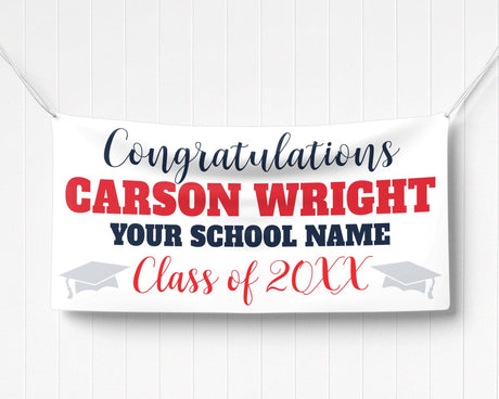 Custom graduation banner featuring bold graduate name, class year 20XX, and mortarboard graphics. Ideal for high school or college graduation celebrations. red and navy