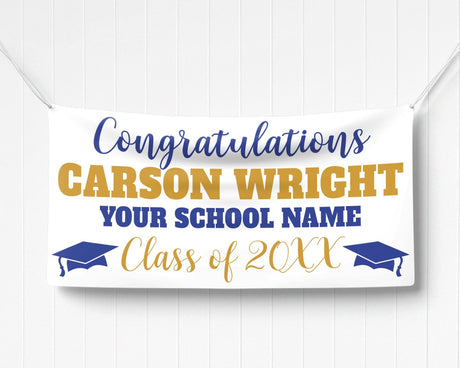 Custom graduation banner featuring bold graduate name, class year 20XX, and mortarboard graphics. Ideal for high school or college graduation celebrations. blue and gold