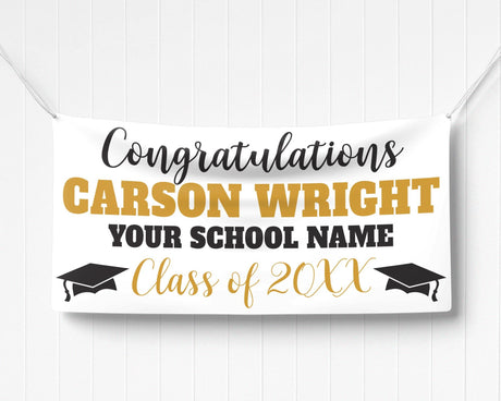 Custom graduation banner featuring bold graduate name, class year 20XX, and mortarboard graphics. Ideal for high school or college graduation celebrations. black and gold