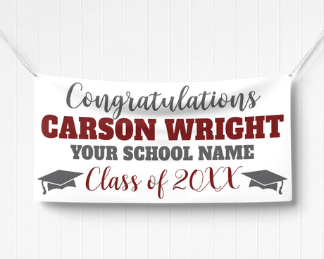 Custom graduation banner featuring bold graduate name, class year 20XX, and mortarboard graphics. Ideal for high school or college graduation celebrations. burgundy and gray