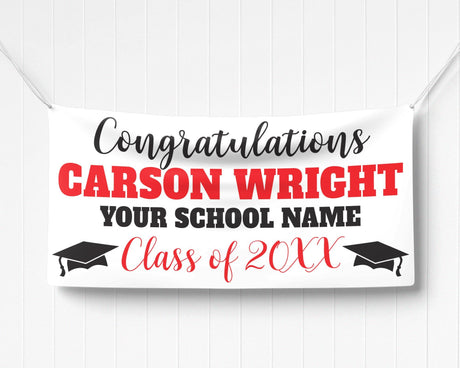 Custom graduation banner featuring bold graduate name, class year 20XX, and mortarboard graphics. Ideal for high school or college graduation celebrations. red and black