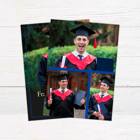 Customizable graduation invitation featuring a bold border accent design with a full-photo background. The graduate's name, class year, and event details are elegantly displayed at the bottom. The layout includes a modern frame element for a stylish and sophisticated look. Back Blue.