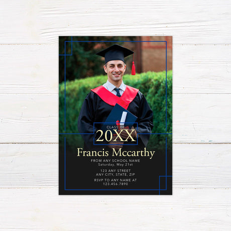 Customizable graduation invitation featuring a bold border accent design with a full-photo background. The graduate's name, class year, and event details are elegantly displayed at the bottom. The layout includes a modern frame element for a stylish and sophisticated look. Blue.