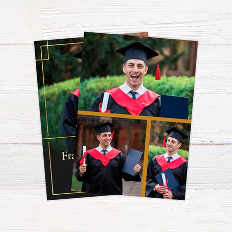 Customizable graduation invitation featuring a bold border accent design with a full-photo background. The graduate's name, class year, and event details are elegantly displayed at the bottom. The layout includes a modern frame element for a stylish and sophisticated look. Back Gold.