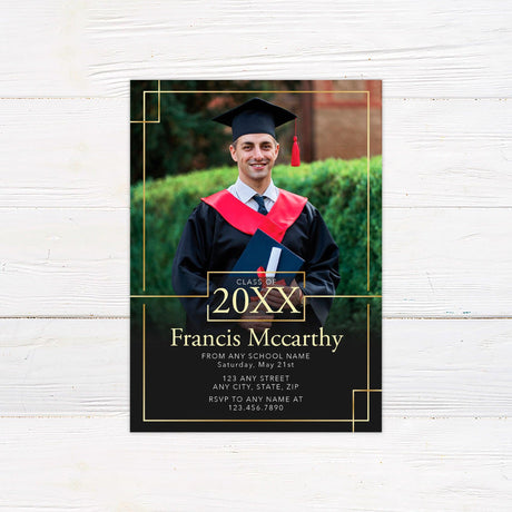 Customizable graduation invitation featuring a bold border accent design with a full-photo background. The graduate's name, class year, and event details are elegantly displayed at the bottom. The layout includes a modern frame element for a stylish and sophisticated look. Gold.