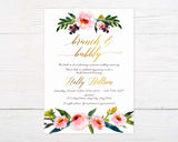 Elegant bridal brunch invitation with watercolor floral design and gold script text. Features event details, including date, time, and location, with a note requesting no gifts.