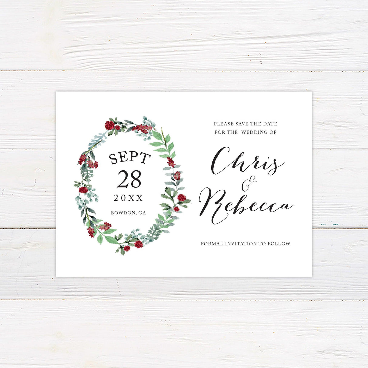 Burgundy Floral Wreath Save The Date - goprintplus