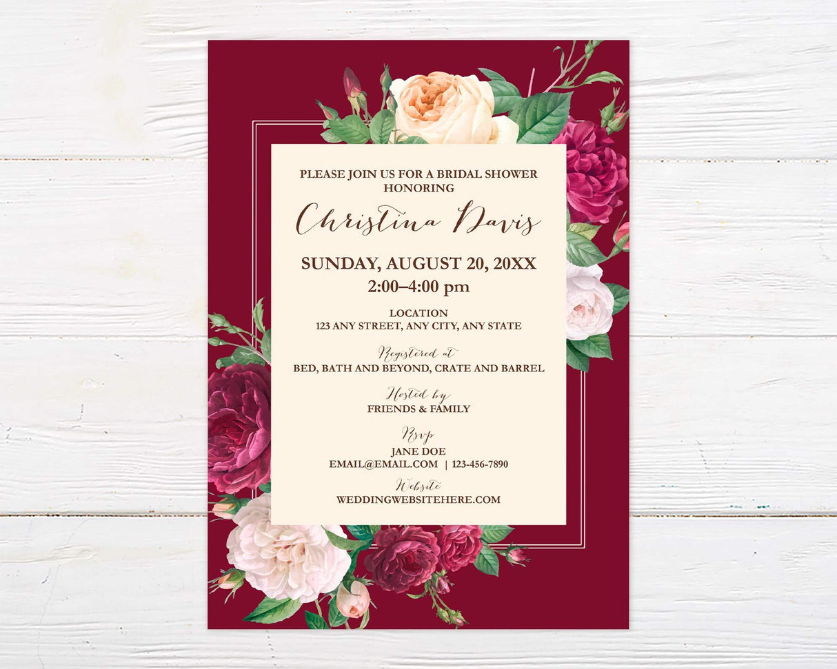 Burgundy Rose Shower Invitation - goprintplus