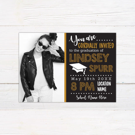 Customizable chalkboard-style graduation invitation with a split design featuring a photo on one side and graduation details on the other. Professionally printed, modern, and elegant. Matching yard signs and banners available. Black and Gold.