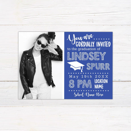 Customizable chalkboard-style graduation invitation with a split design featuring a photo on one side and graduation details on the other. Professionally printed, modern, and elegant. Matching yard signs and banners available. Blue.