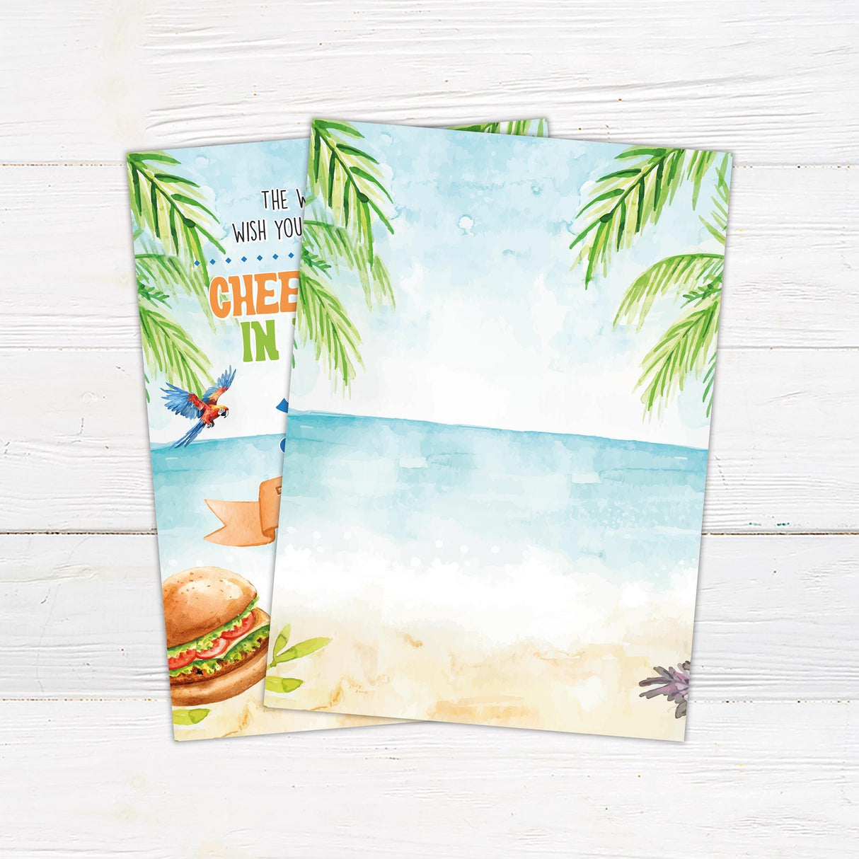 Tropical beach-themed birthday invitation with palm leaves, parrots, a cheeseburger, and a cocktail. Features bold, colorful text and a festive banner for a fun celebration. Back.