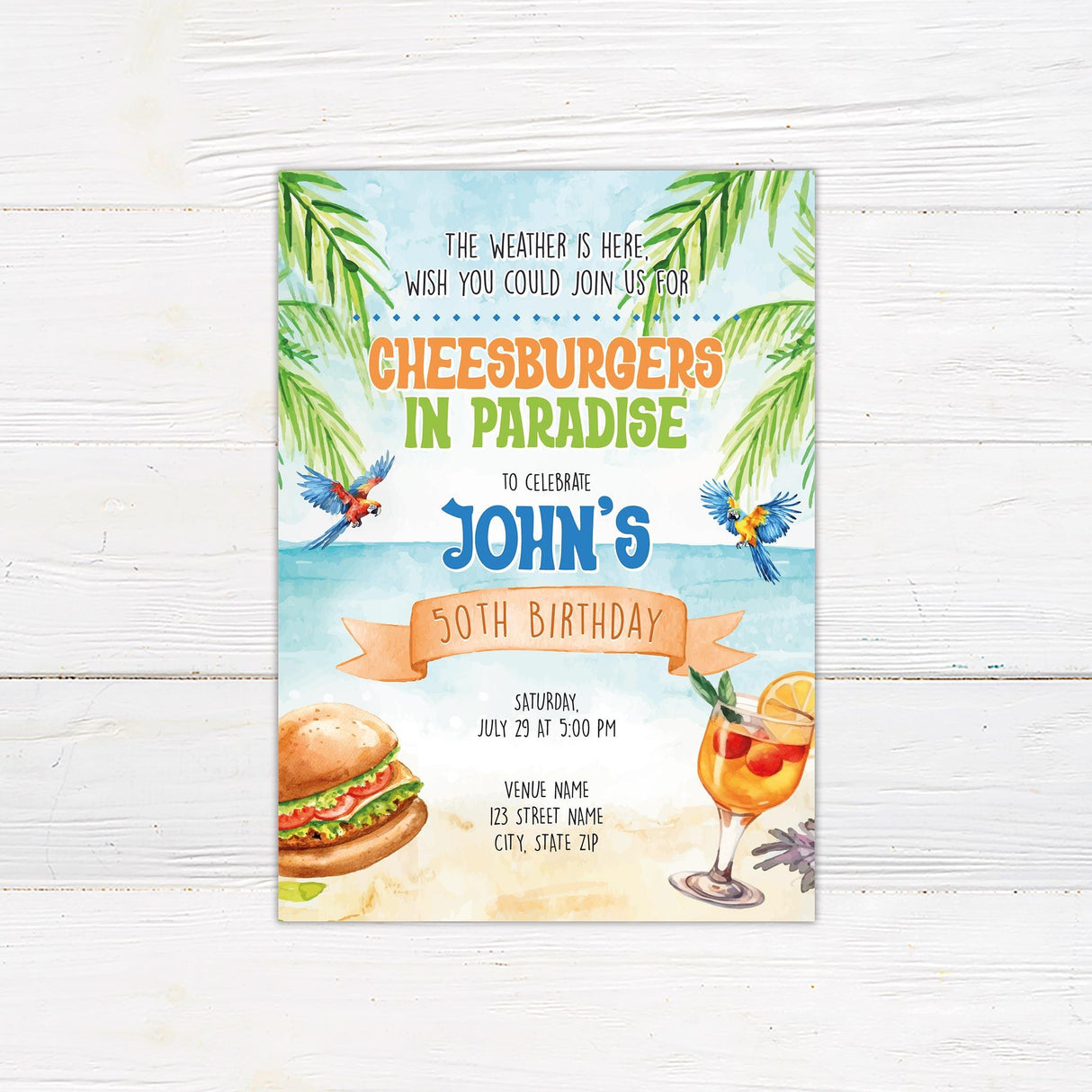 Tropical beach-themed birthday invitation with palm leaves, parrots, a cheeseburger, and a cocktail. Features bold, colorful text and a festive banner for a fun celebration.