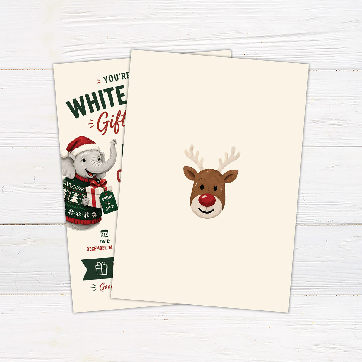 White elephant ugly Christmas sweater party invitation with a festive elephant, wrapped present, and reindeer sweater. The coordinating back features a simple red-nosed reindeer illustration. - back.