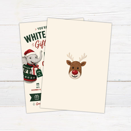 White elephant ugly Christmas sweater party invitation with a festive elephant, wrapped present, and reindeer sweater. The coordinating back features a simple red-nosed reindeer illustration. - back.