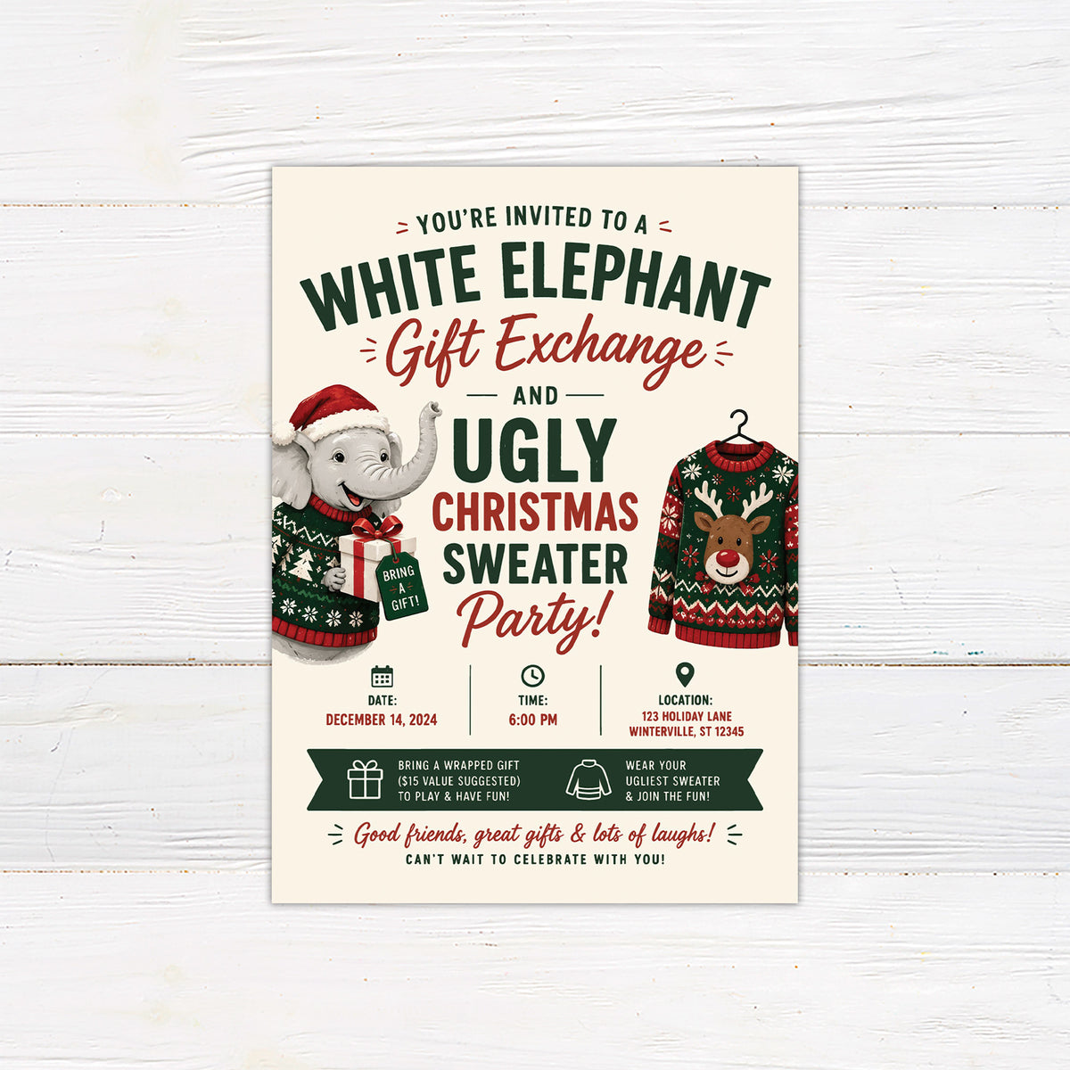White elephant ugly Christmas sweater party invitation with a festive elephant, wrapped present, and reindeer sweater. The coordinating back features a simple red-nosed reindeer illustration.
