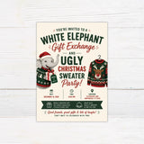 White elephant ugly Christmas sweater party invitation with a festive elephant, wrapped present, and reindeer sweater. The coordinating back features a simple red-nosed reindeer illustration.