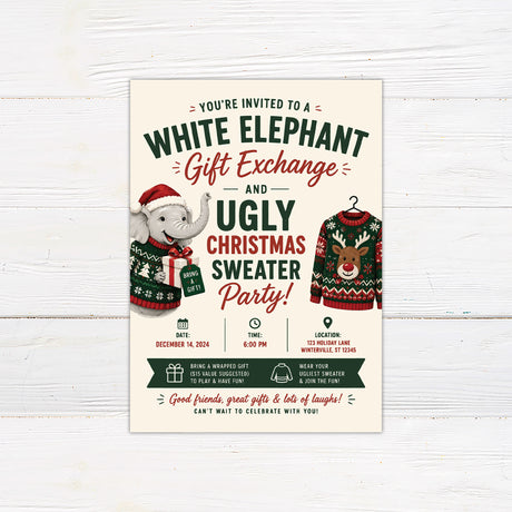 White elephant ugly Christmas sweater party invitation with a festive elephant, wrapped present, and reindeer sweater. The coordinating back features a simple red-nosed reindeer illustration.