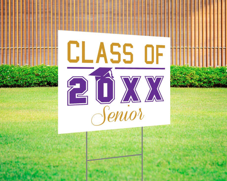 Custom Class of [Year] Senior graduation yard sign in gold and purple, featuring bold text, a graduation cap graphic, and customizable class year. Made from durable Coreplast plastic, available in single or double-sided print, perfect for high school and college graduates.