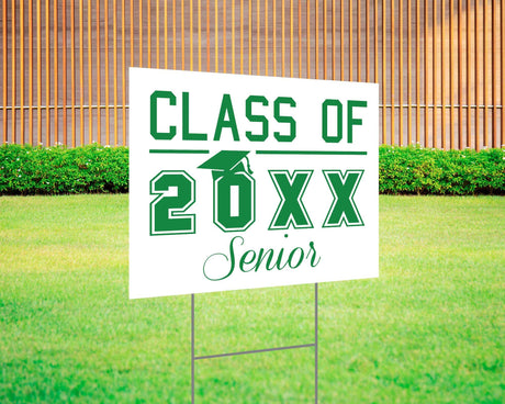 Custom Class of [Year] Senior graduation yard sign in green, featuring bold text, a graduation cap graphic, and customizable class year. Made from durable Coreplast plastic, available in single or double-sided print, perfect for high school and college graduates. of Senior Yard Sign - goprintplus