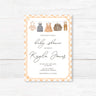 Printed rustic baby shower invitation featuring a vintage baby clothesline illustration and a peach gingham border. Perfect for a country or farmhouse baby shower.