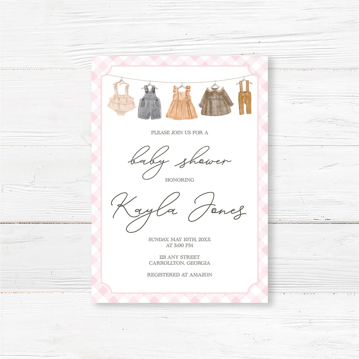Invitación rústica para baby shower con tendedero | Baby shower de estilo granja vintage