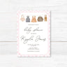 Rustic baby shower invitation with vintage clothesline illustration and pink gingham border, perfect for country-themed gatherings.