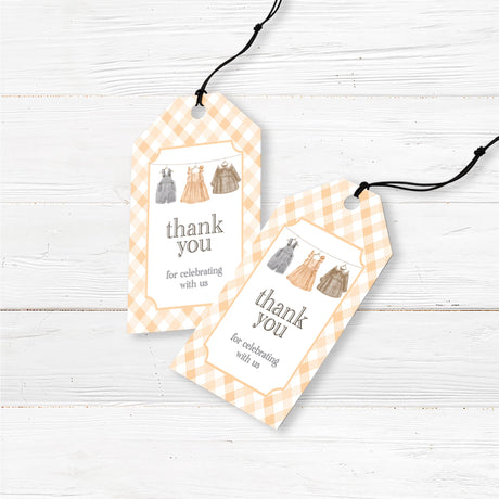 Printed baby shower favor tags with a delicate baby clothesline illustration and gingham pattern. Perfect for tying onto favors, treat bags, or small gifts.