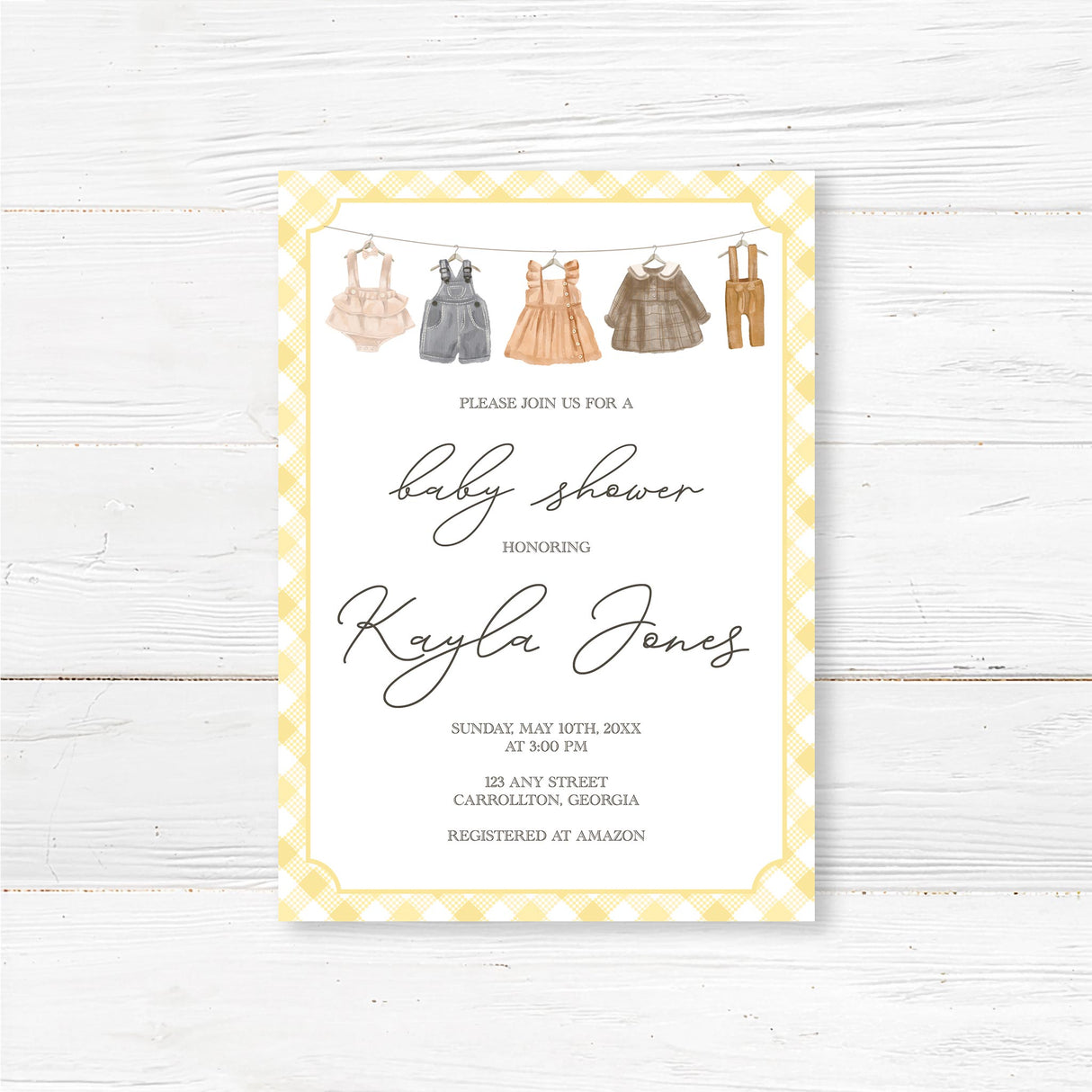Invitación rústica para baby shower con tendedero | Baby shower de estilo granja vintage