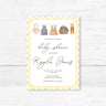 Rustic Clothes Line Baby Shower Invitation with yellow gingham border and hand-drawn baby clothes illustration on white wood background.
