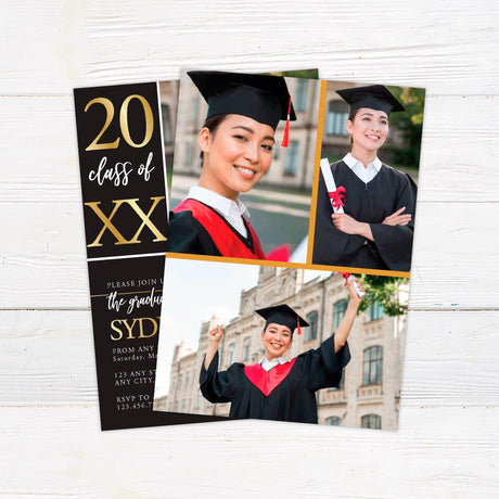 Alt text: Graduation invitation featuring bold custom color blocks and one photo on the front. One block displays the year, another highlights "graduate," and the third contains the graduation details. The back includes three additional photos. The design is customizable to match school colors. Back Gold.