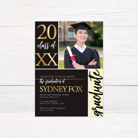 Alt text: Graduation invitation featuring bold custom color blocks and one photo on the front. One block displays the year, another highlights "graduate," and the third contains the graduation details. The back includes three additional photos. The design is customizable to match school colors. Black and Gold.