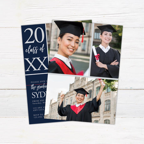 Alt text: Graduation invitation featuring bold custom color blocks and one photo on the front. One block displays the year, another highlights "graduate," and the third contains the graduation details. The back includes three additional photos. The design is customizable to match school colors. Back.