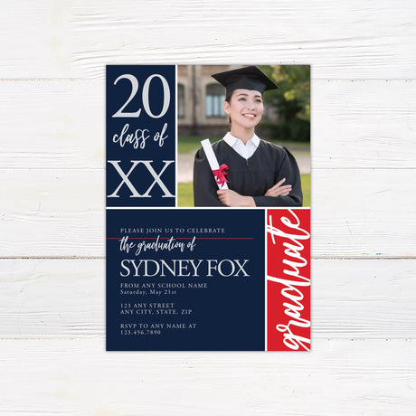 Alt text: Graduation invitation featuring bold custom color blocks and one photo on the front. One block displays the year, another highlights "graduate," and the third contains the graduation details. The back includes three additional photos. The design is customizable to match school colors. Navy and Red.