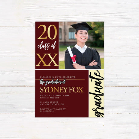 Alt text: Graduation invitation featuring bold custom color blocks and one photo on the front. One block displays the year, another highlights "graduate," and the third contains the graduation details. The back includes three additional photos. The design is customizable to match school colors. Maroon and Gold.