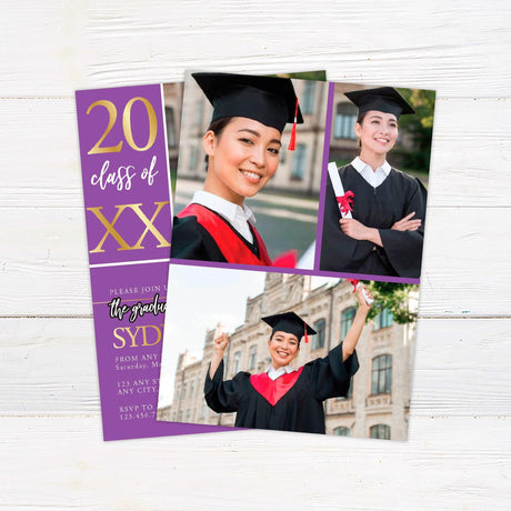 Alt text: Graduation invitation featuring bold custom color blocks and one photo on the front. One block displays the year, another highlights "graduate," and the third contains the graduation details. The back includes three additional photos. The design is customizable to match school colors. Back Purple.